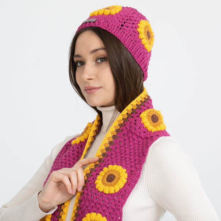 Fuchsia Sunflower Crochet Beanie, Woman Hand Knit Hat, Hand Knit Scarf, Crochet Woman Scarf, Afgab Style Scarf, crochet flower scarf