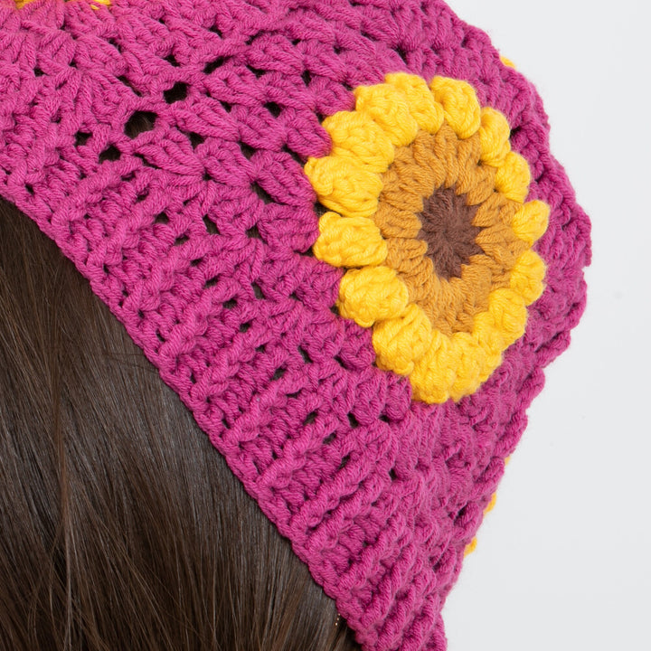 Fuchsia Sunflower Crochet Beanie, Woman Hand Knit Hat, Hand Knit Scarf, Crochet Woman Scarf, Afgab Style Scarf, crochet flower scarf