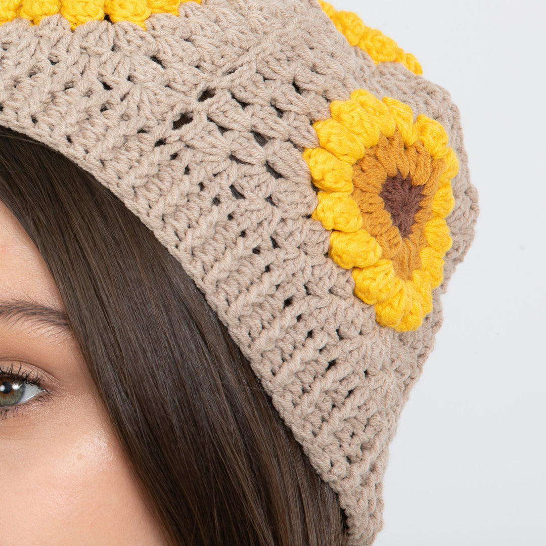 Brown Sunflower Crochet Beanie, Woman Hand Knit Hat, Hand Knit Scarf, Crochet Woman Scarf, Granny Square Scarf, knitted flower scarf set