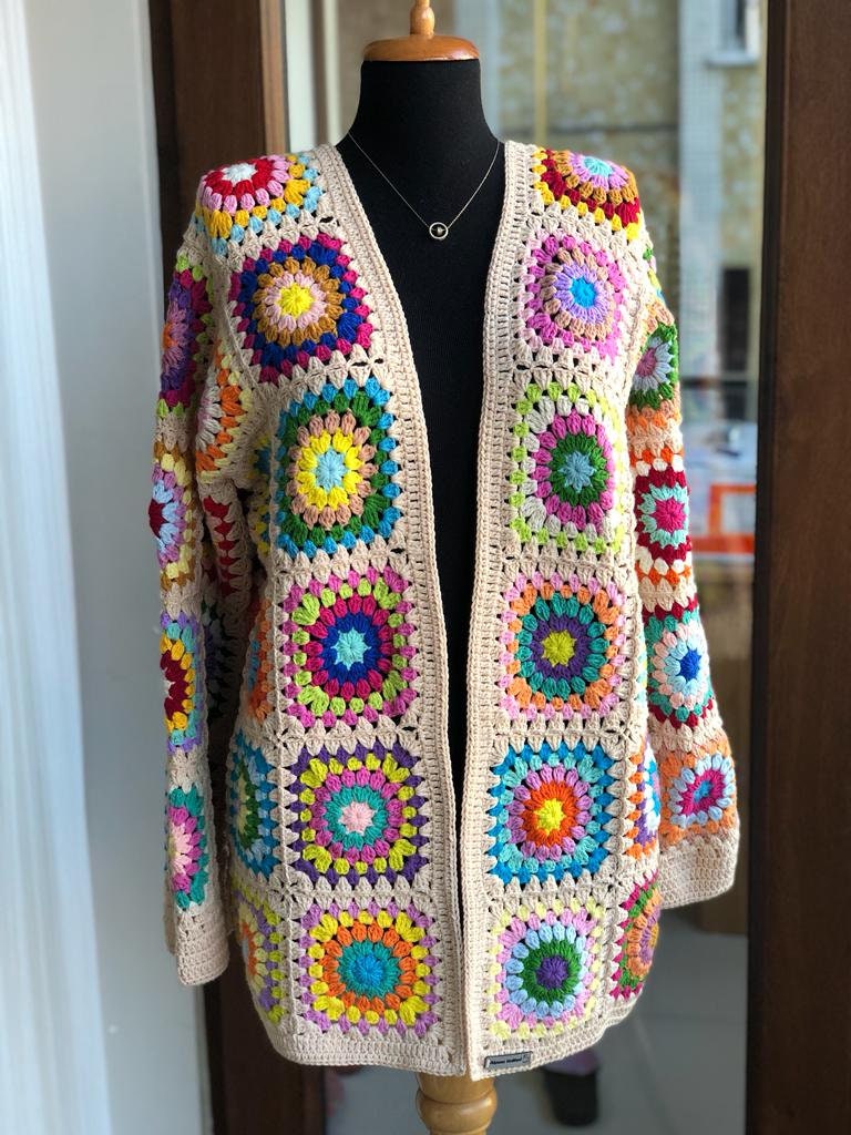 Granny square afghan cardigan, Crochet afghan jacket, ecru patchwork cardigan, boho coat, crochet cardigan, unique cardigan, crochet coat