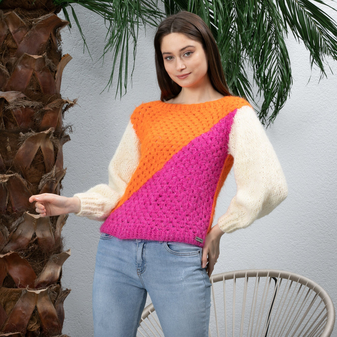 Ready to ship Orange Pink Wool Crochet Sweater Women, Colorful Crochet Boho Top, Knitted Crochet Sweater, Knitted Woman Sweater