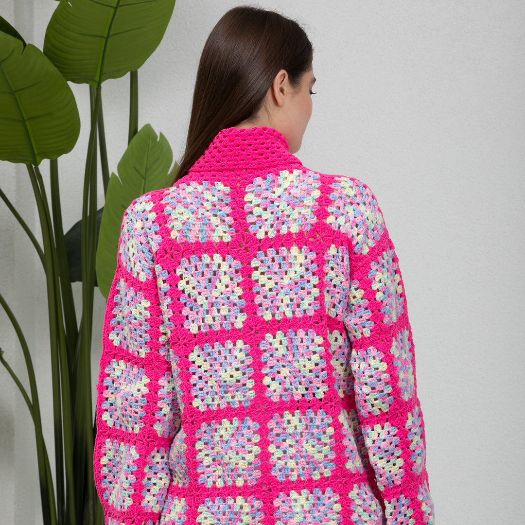 Ready to ship Colorful Patchwork Knit Turtleneck Sweater, Pink Crochet Turtleneck Sweater, Granny Square Sweater, Turtleneck sweater women