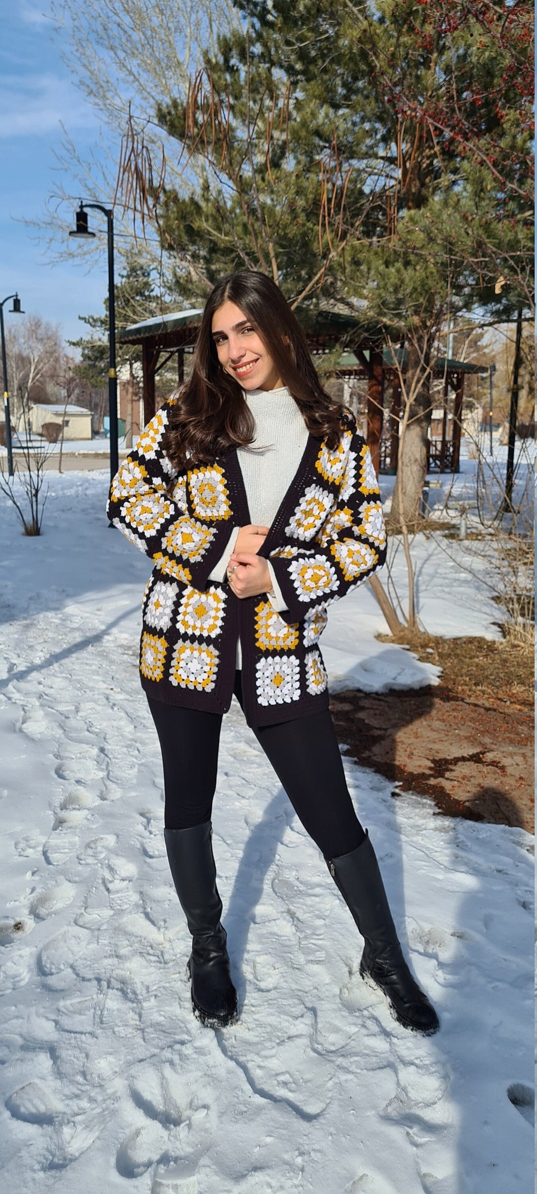 Black Afghan Cardigan, Granny Square Patchwork CottonCardigan, Knitted Crochet Coat, Boho Cardigan, Oversized Sweater, Gift her