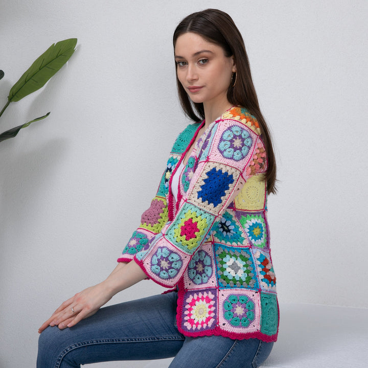 Ready to ship Crochet Knit Woman Jacket, Pink knitted patchwork jacket, Granny square Afghan cardigan, crochet handmade, crochet afghan coat