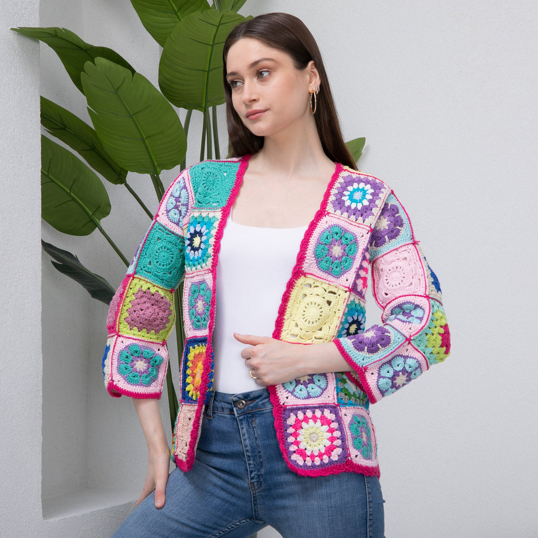 Ready to ship Crochet Knit Woman Jacket, Pink knitted patchwork jacket, Granny square Afghan cardigan, crochet handmade, crochet afghan coat