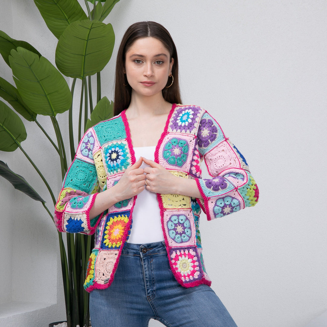 Ready to ship Crochet Knit Woman Jacket, Pink knitted patchwork jacket, Granny square Afghan cardigan, crochet handmade, crochet afghan coat