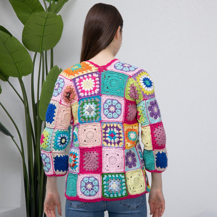 Ready to ship Crochet Knit Woman Jacket, Pink knitted patchwork jacket, Granny square Afghan cardigan, crochet handmade, crochet afghan coat