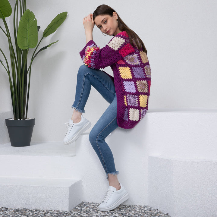 Ready to ship Purple Granny Square Crochet Cardigan, Patchwork Jacket, Knitted women Cardigan, Knit Coat, Cardigan sweaters for women