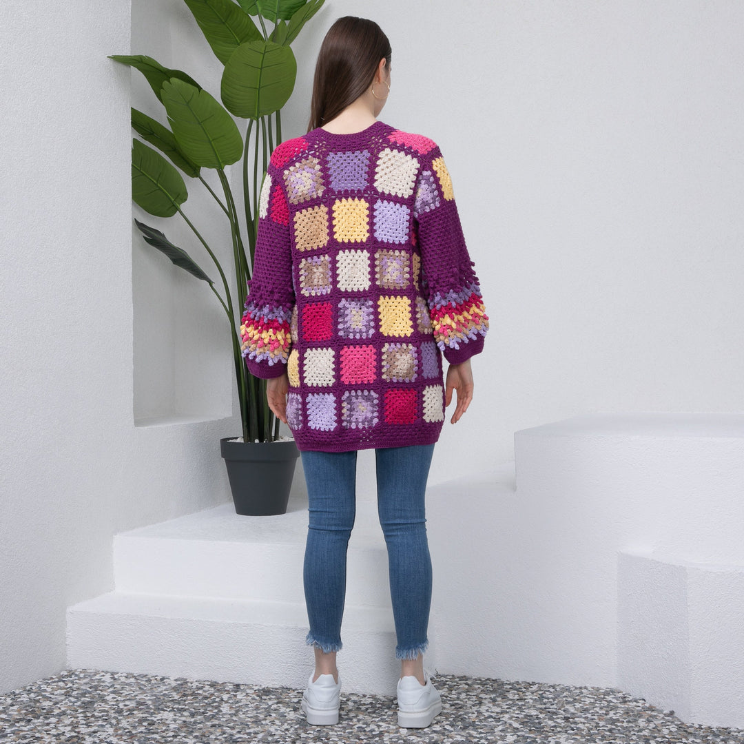 Ready to ship Purple Granny Square Crochet Cardigan, Patchwork Jacket, Knitted women Cardigan, Knit Coat, Cardigan sweaters for women