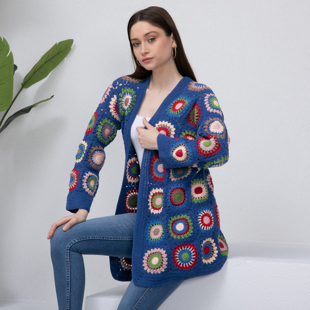 Ready to ship Blue Patchwork woman Cardigan, Knitted Afghan Cardigan, Cotton Patchwork Cardigan, Knitted Coat, Long  Boho Cardigan Long