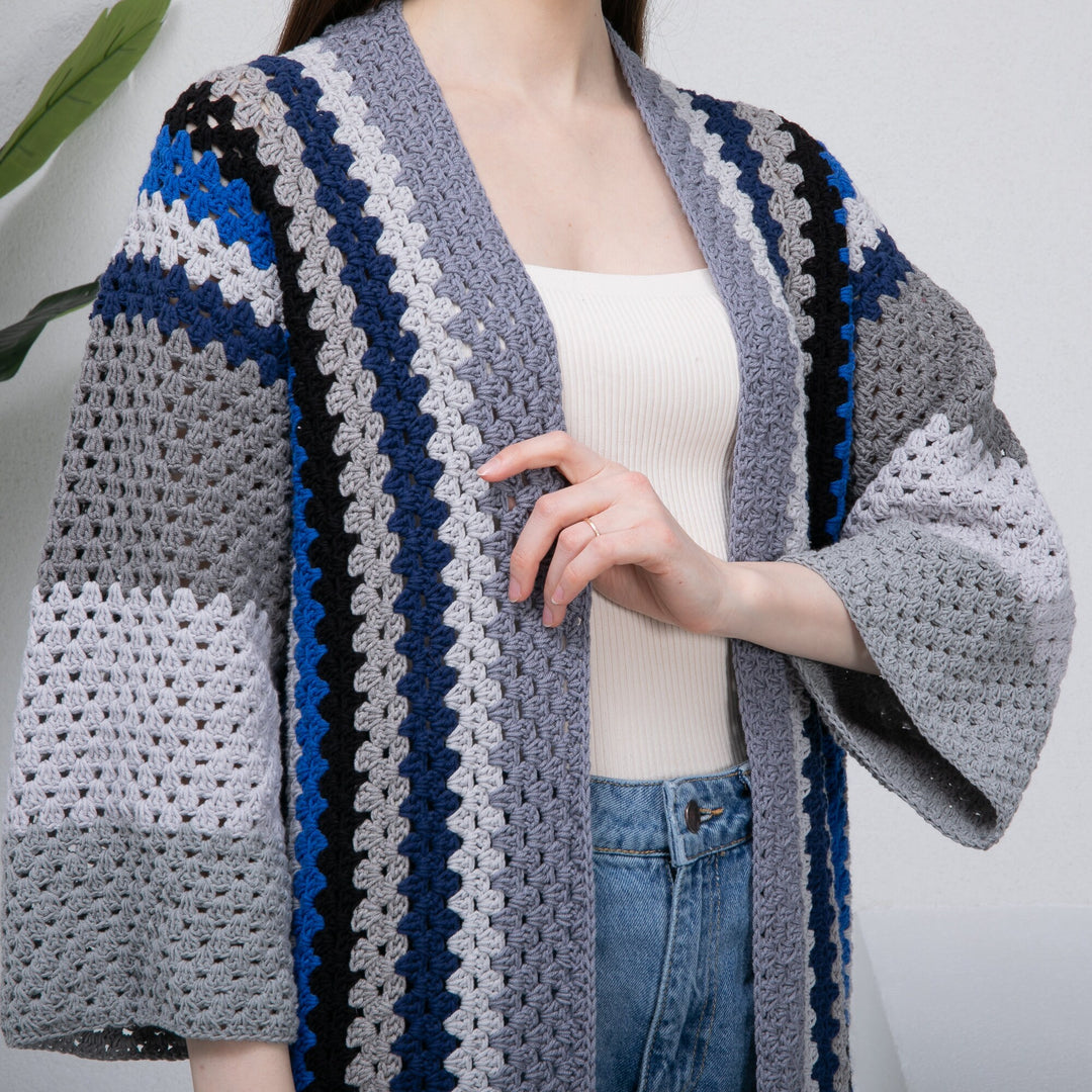 Ready to ship Blue and Gray Patchwork Long Coat, Granny Square Afghan Cardigan, Woman Knitted Kimono, Boho Crochet Jacket, Oversized