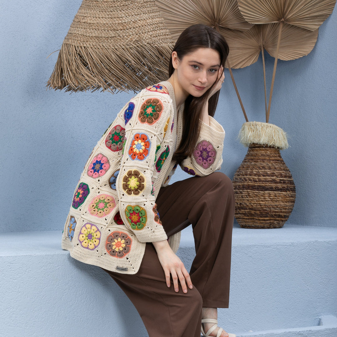 Beige Floral Woman Jacket, Crochet African Flower Cardigan, Ecru Knit Cardigan, Flowers Patchwork Jacket, Knitted Crochet Coat