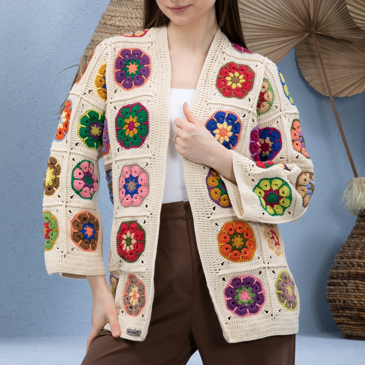 Beige Floral Woman Jacket, Crochet African Flower Cardigan, Ecru Knit Cardigan, Flowers Patchwork Jacket, Knitted Crochet Coat