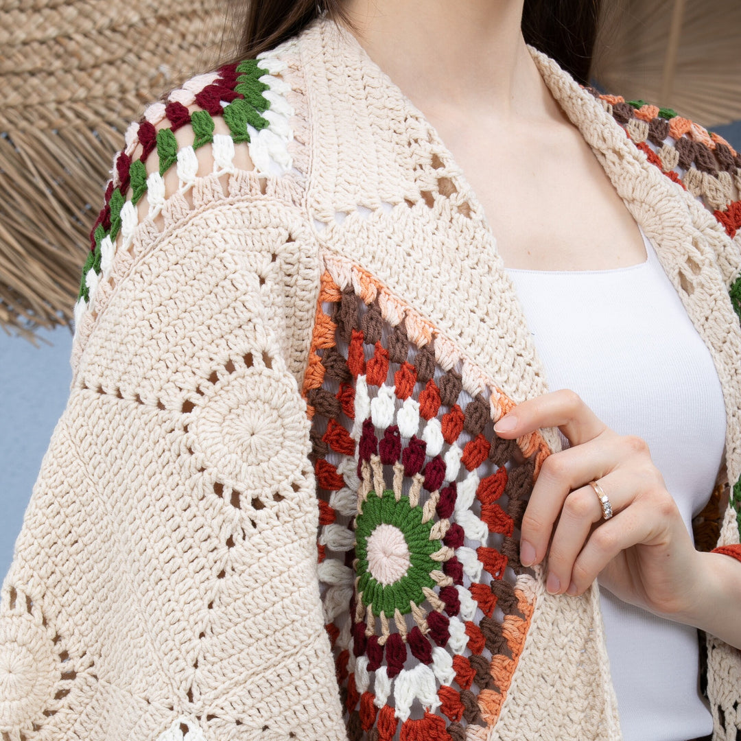 Beige Crochet Kimono, Boho Cardigan, Granny Square Afghan Cardigan, Knitted Crochet Coat, Patchwork Cardigan, Long Oversized Jacket