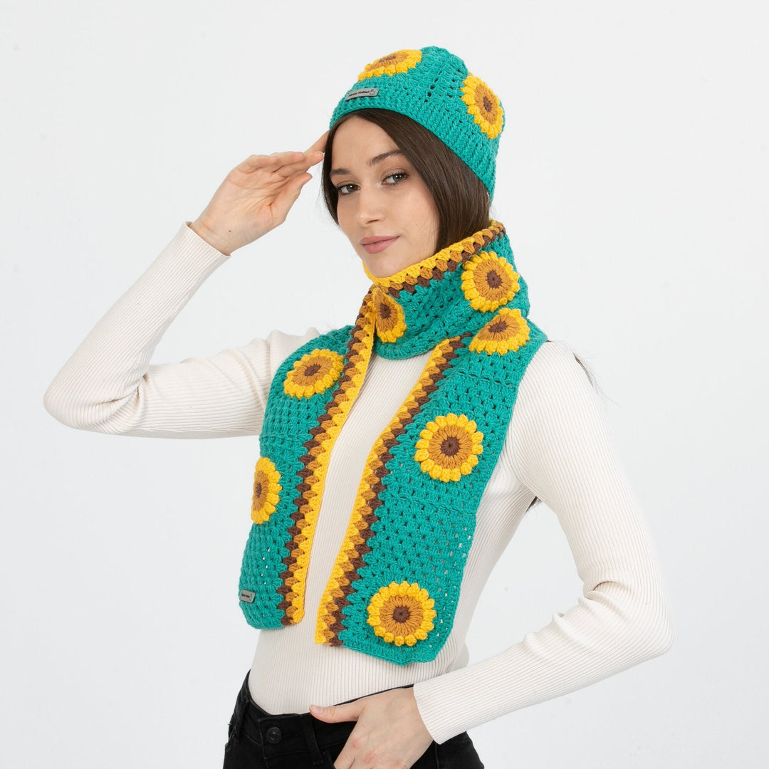 Jungle Green Sunflower Scarf, Hand Knit Hat, Crochet Woman Beanie, Granny Square Winter Set, crochet flower scarf, Knit Afghan Scarf