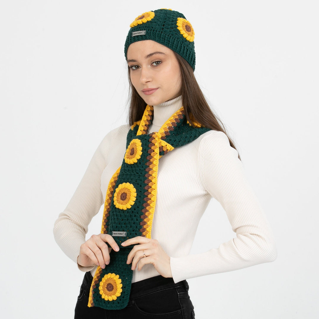 Forrest Green Sunflower Beanie, Hand Knit Winter Hat, Crochet Woman Scarf, Granny Square Scarf, crochet flower scarf, Afghan Scarf