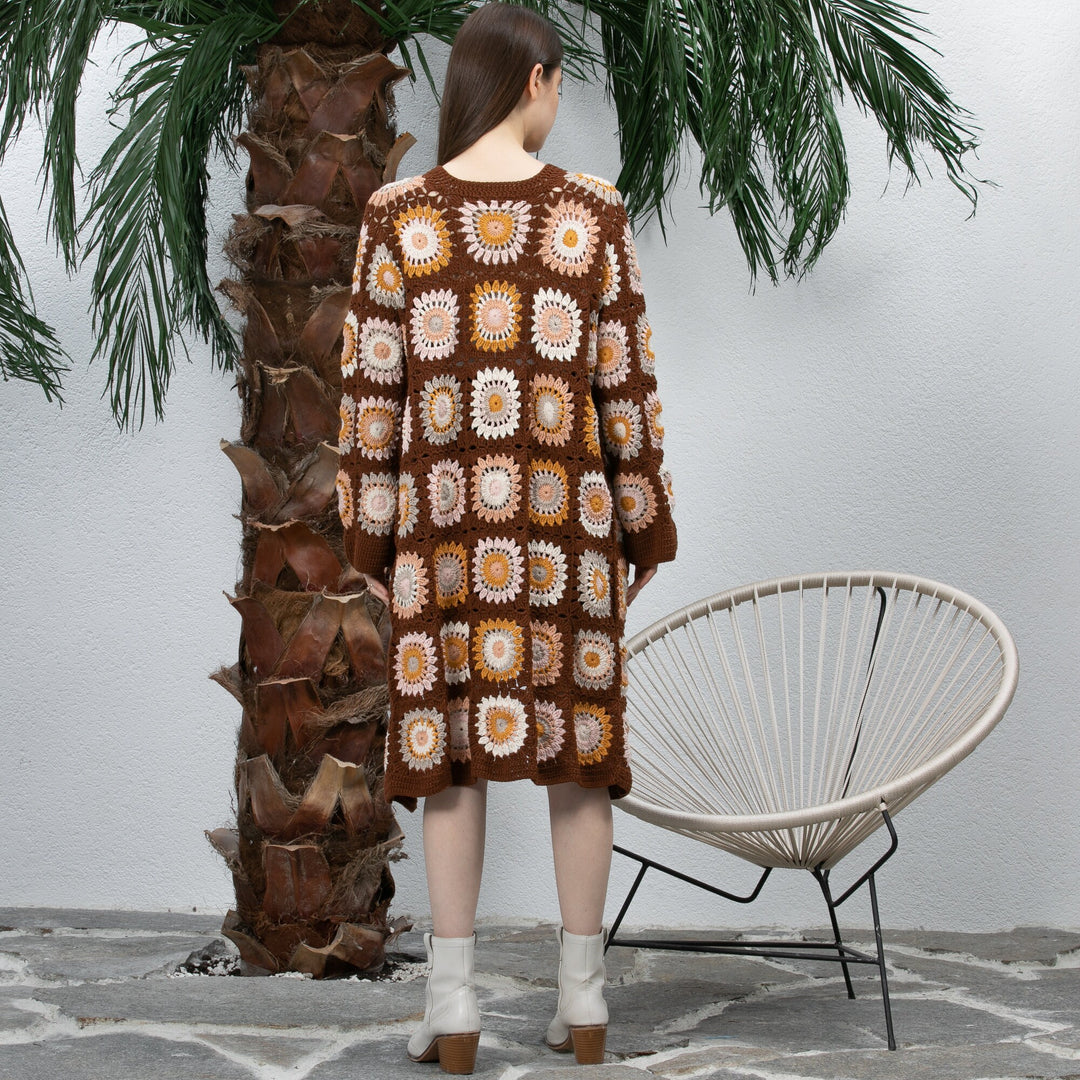 Brown Crochet Cotton Afghan Long Cardigan, Zara Bohem Woman Cardigan, Oversize Women Coat, Granny Square, Patchwork Cardigan