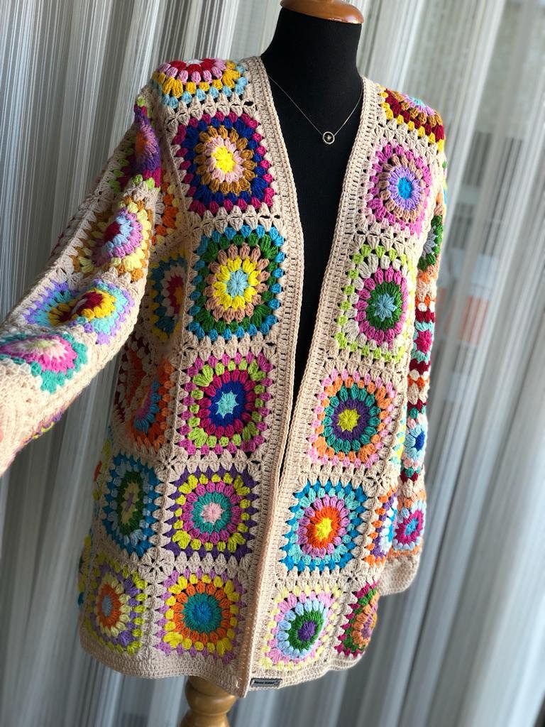 Granny square afghan cardigan, Crochet afghan jacket, ecru patchwork cardigan, boho coat, crochet cardigan, unique cardigan, crochet coat