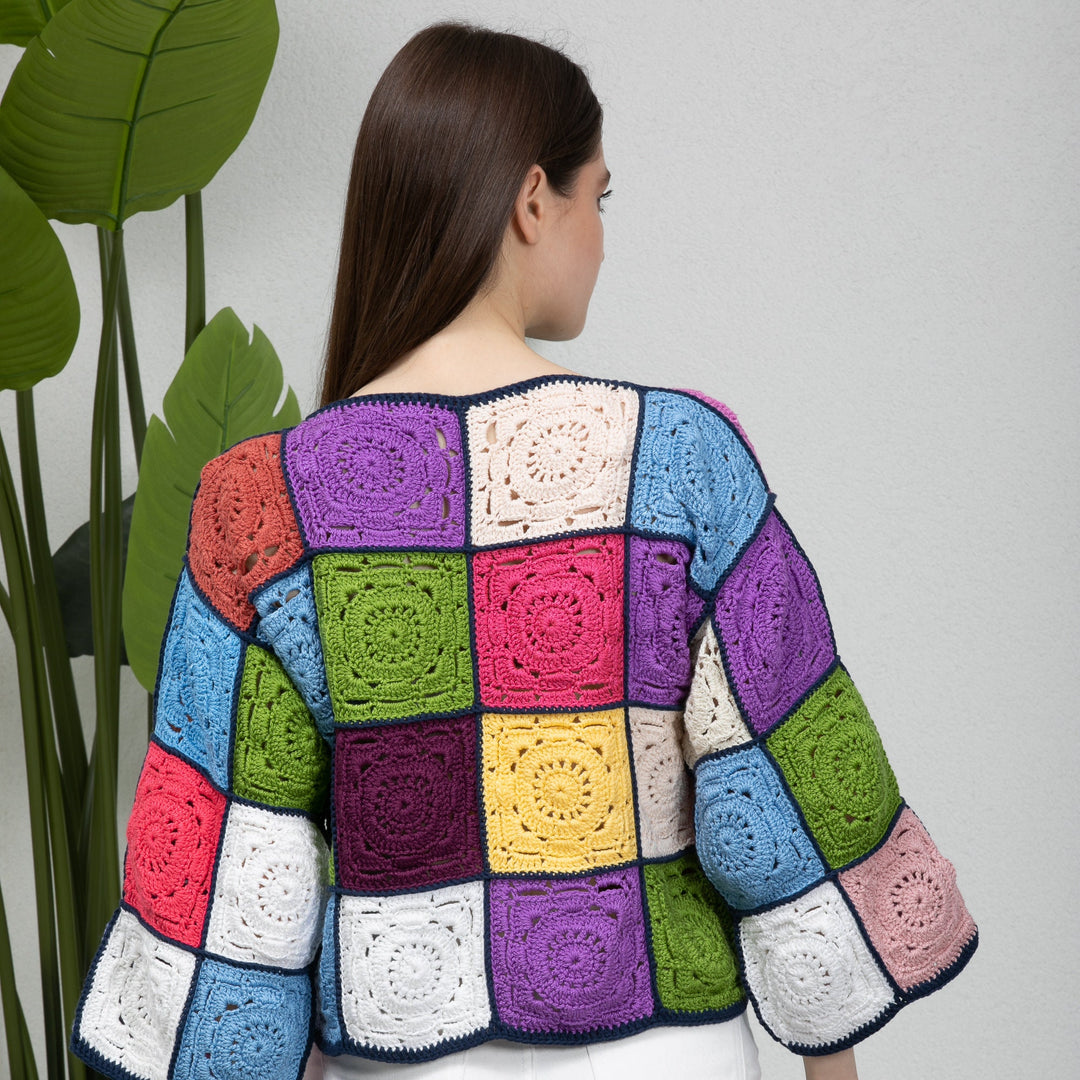 Granny Square Patchwork Knit Sweater, Crochet Sweater, Crochet Top, Crochet Sweater for Women, Boho Style Handmade Sweater, Hippie Festival