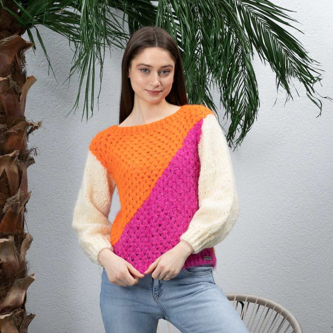 Ready to ship Orange Pink Wool Crochet Sweater Women, Colorful Crochet Boho Top, Knitted Crochet Sweater, Knitted Woman Sweater