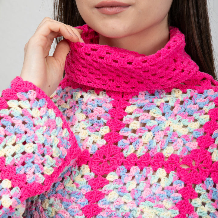 Ready to ship Colorful Patchwork Knit Turtleneck Sweater, Pink Crochet Turtleneck Sweater, Granny Square Sweater, Turtleneck sweater women