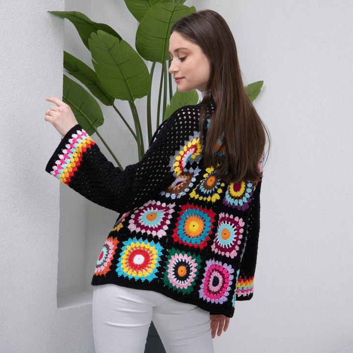 Ready to ship Black Colorful Women's Jacket, Knitted Afghan Patchwork Coats, Knit Cotton Jacket, Summer Jacket, Crochet Cardigan