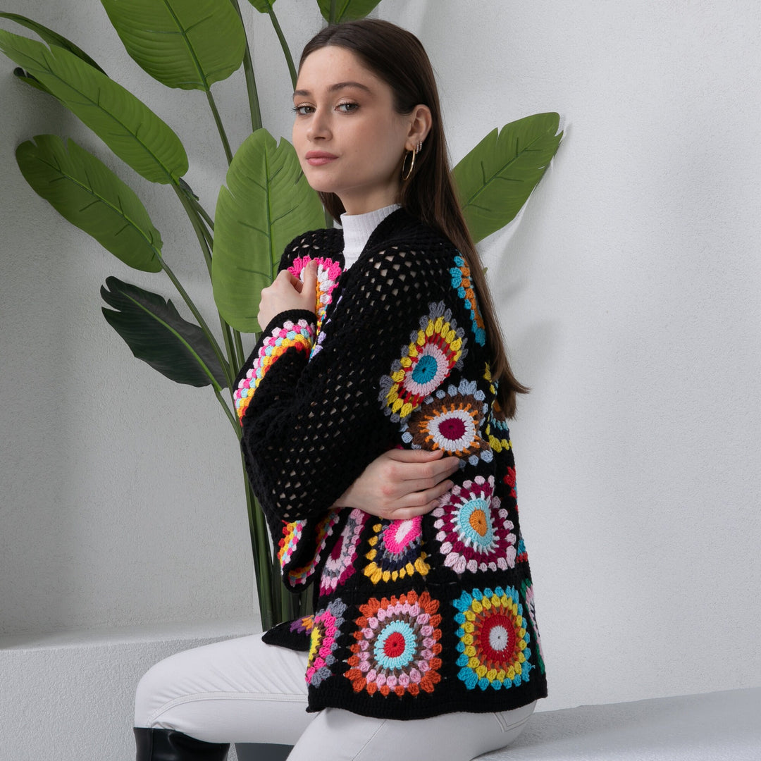 Ready to ship Black Colorful Women's Jacket, Knitted Afghan Patchwork Coats, Knit Cotton Jacket, Summer Jacket, Crochet Cardigan