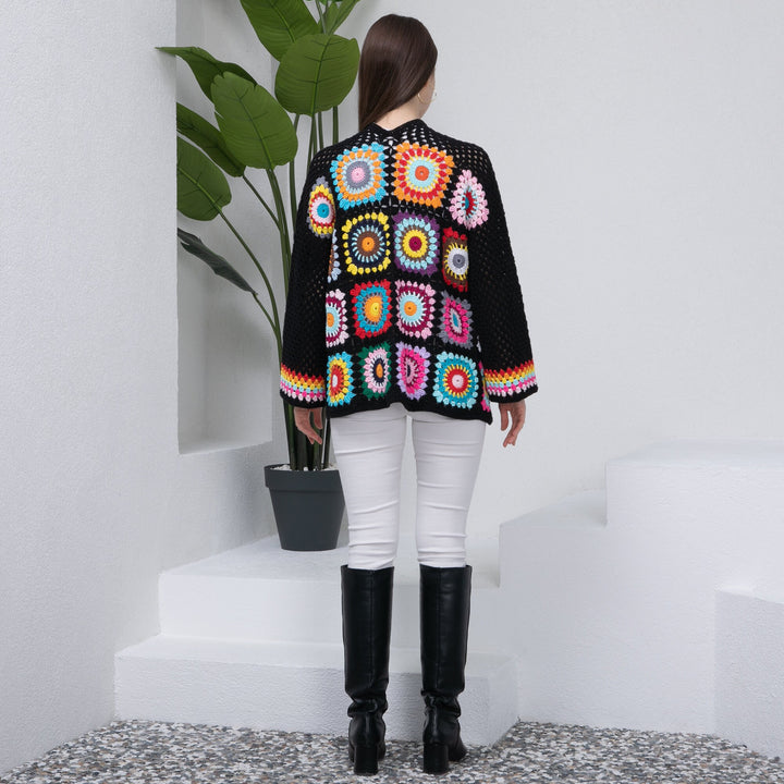 Ready to ship Black Colorful Women's Jacket, Knitted Afghan Patchwork Coats, Knit Cotton Jacket, Summer Jacket, Crochet Cardigan