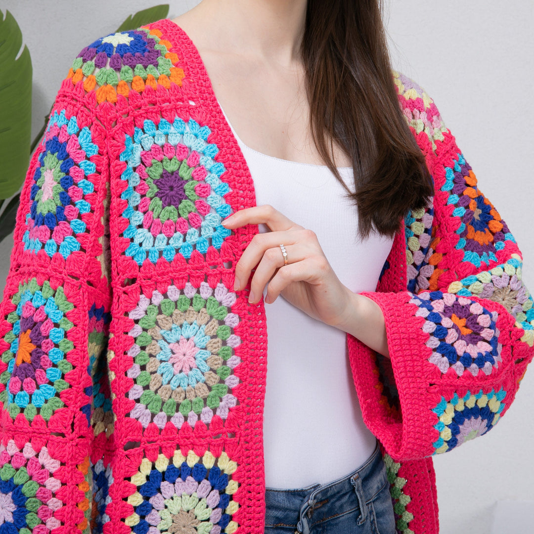 Ready to ship Pink Granny Square Crochet Cardigan, Woman Long Sweater, Afghan Patchwork Cardigan, Knitted Crochet Coat, Knitted Jacket