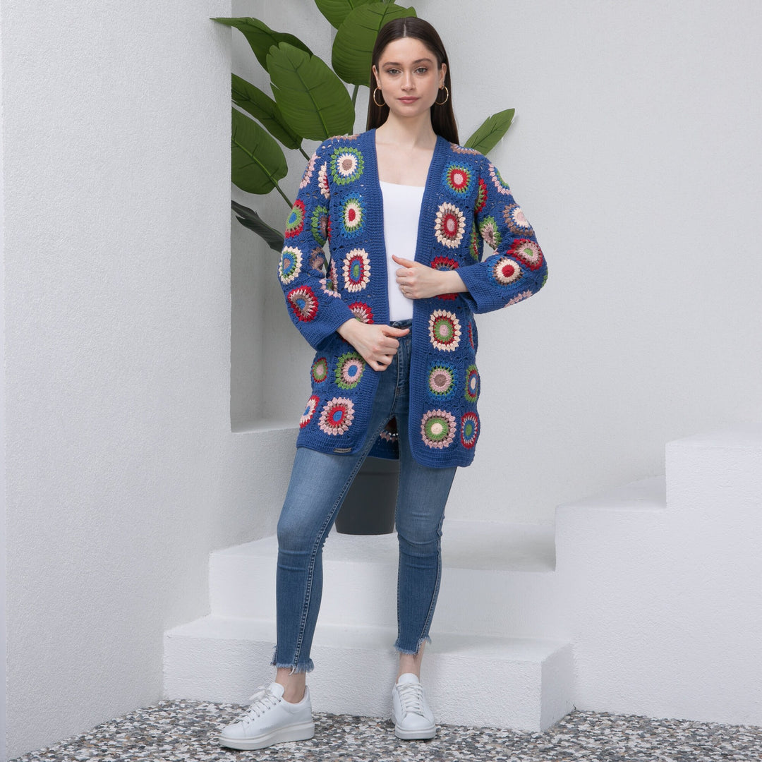 Ready to ship Blue Patchwork woman Cardigan, Knitted Afghan Cardigan, Cotton Patchwork Cardigan, Knitted Coat, Long  Boho Cardigan Long