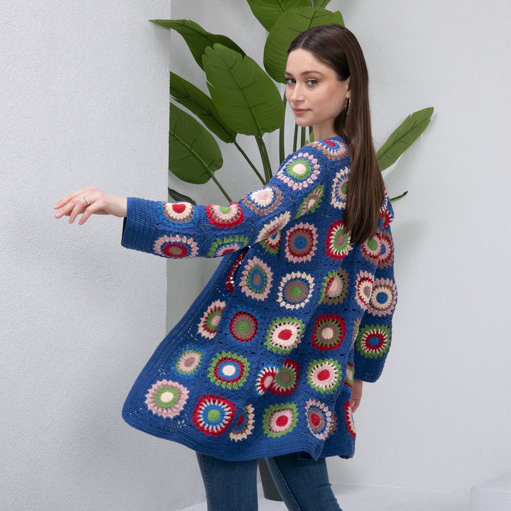 Ready to ship Blue Patchwork woman Cardigan, Knitted Afghan Cardigan, Cotton Patchwork Cardigan, Knitted Coat, Long  Boho Cardigan Long