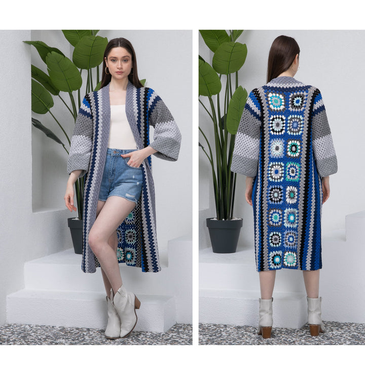 Ready to ship Blue and Gray Patchwork Long Coat, Granny Square Afghan Cardigan, Woman Knitted Kimono, Boho Crochet Jacket, Oversized