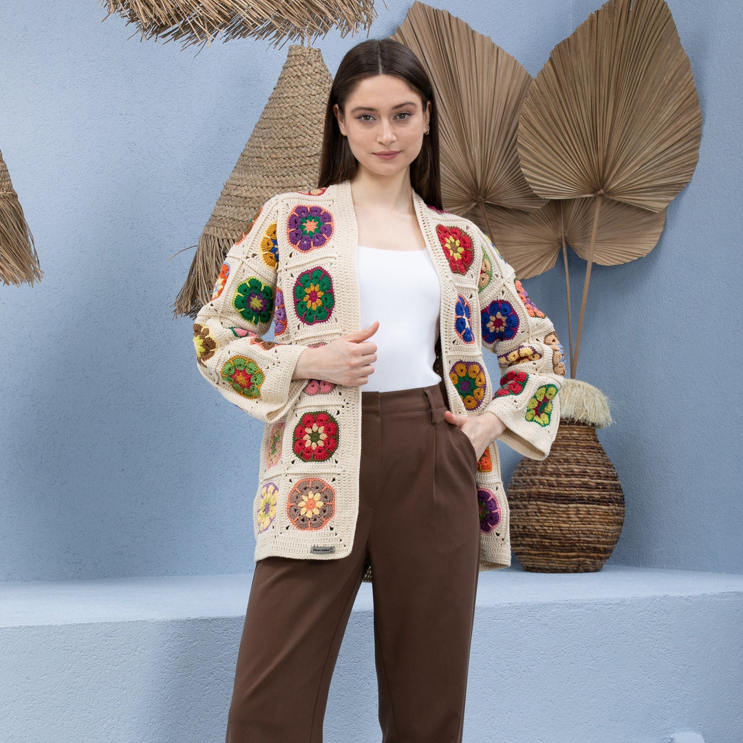 Beige Floral Woman Jacket, Crochet African Flower Cardigan, Ecru Knit Cardigan, Flowers Patchwork Jacket, Knitted Crochet Coat