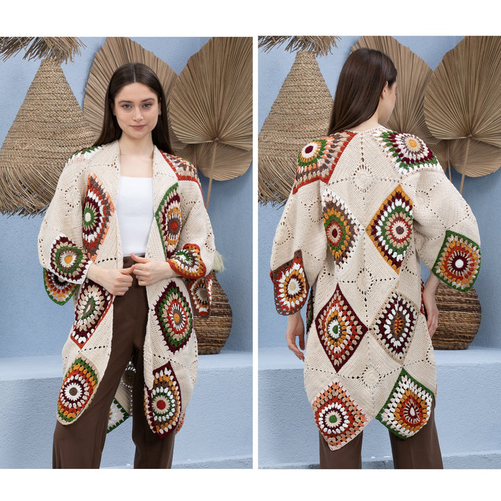 Beige Crochet Kimono, Boho Cardigan, Granny Square Afghan Cardigan, Knitted Crochet Coat, Patchwork Cardigan, Long Oversized Jacket