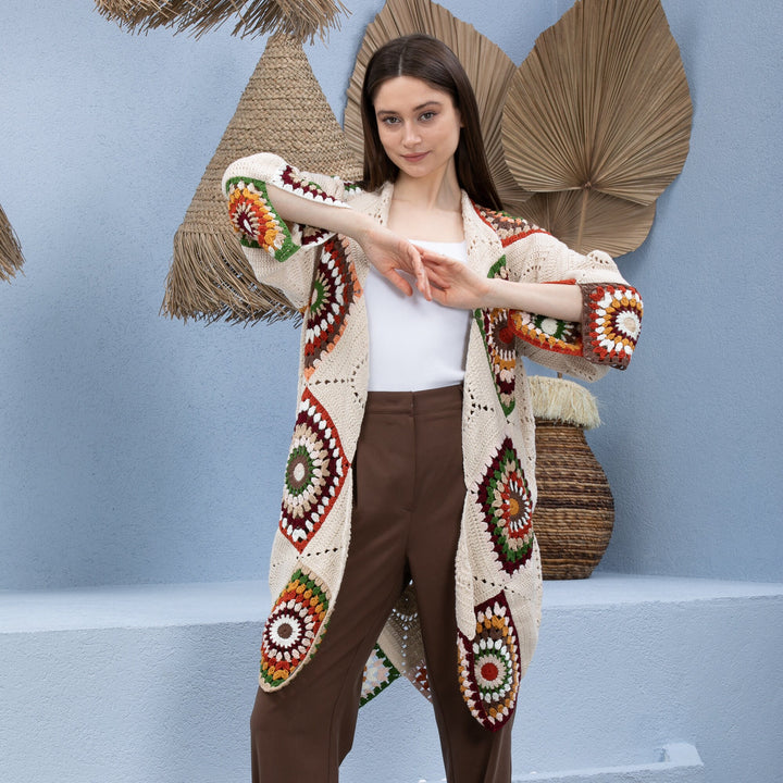 Beige Crochet Kimono, Boho Cardigan, Granny Square Afghan Cardigan, Knitted Crochet Coat, Patchwork Cardigan, Long Oversized Jacket