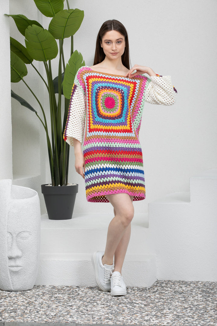 Ready to ship Summer Patchwork Dress, Knitted Tank Dress Crochet, Granny Square Knit Dress, Woman Knitted Clothes, Beach Cover-Up