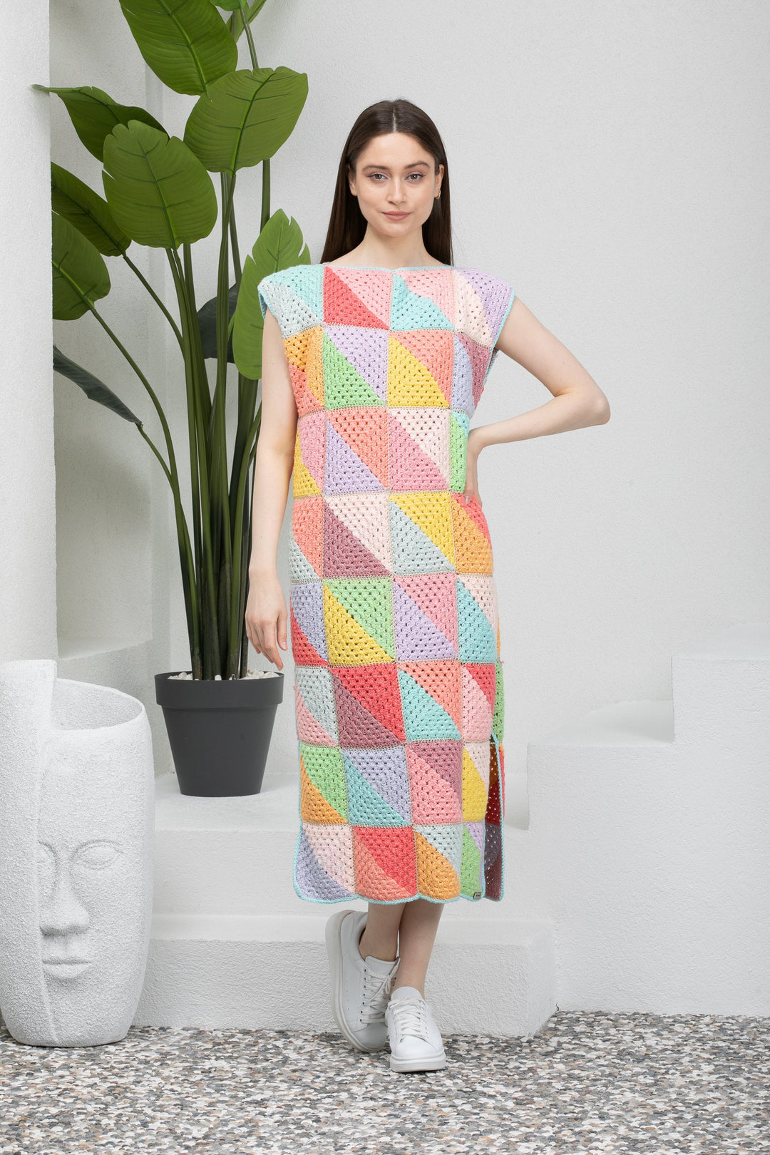 Colorful Patchwork Long Woman Dress, Knitted Tank Dress Crochet, Rainbow Knit Dress, Woman Knitted Clothes, Cotton Dresses