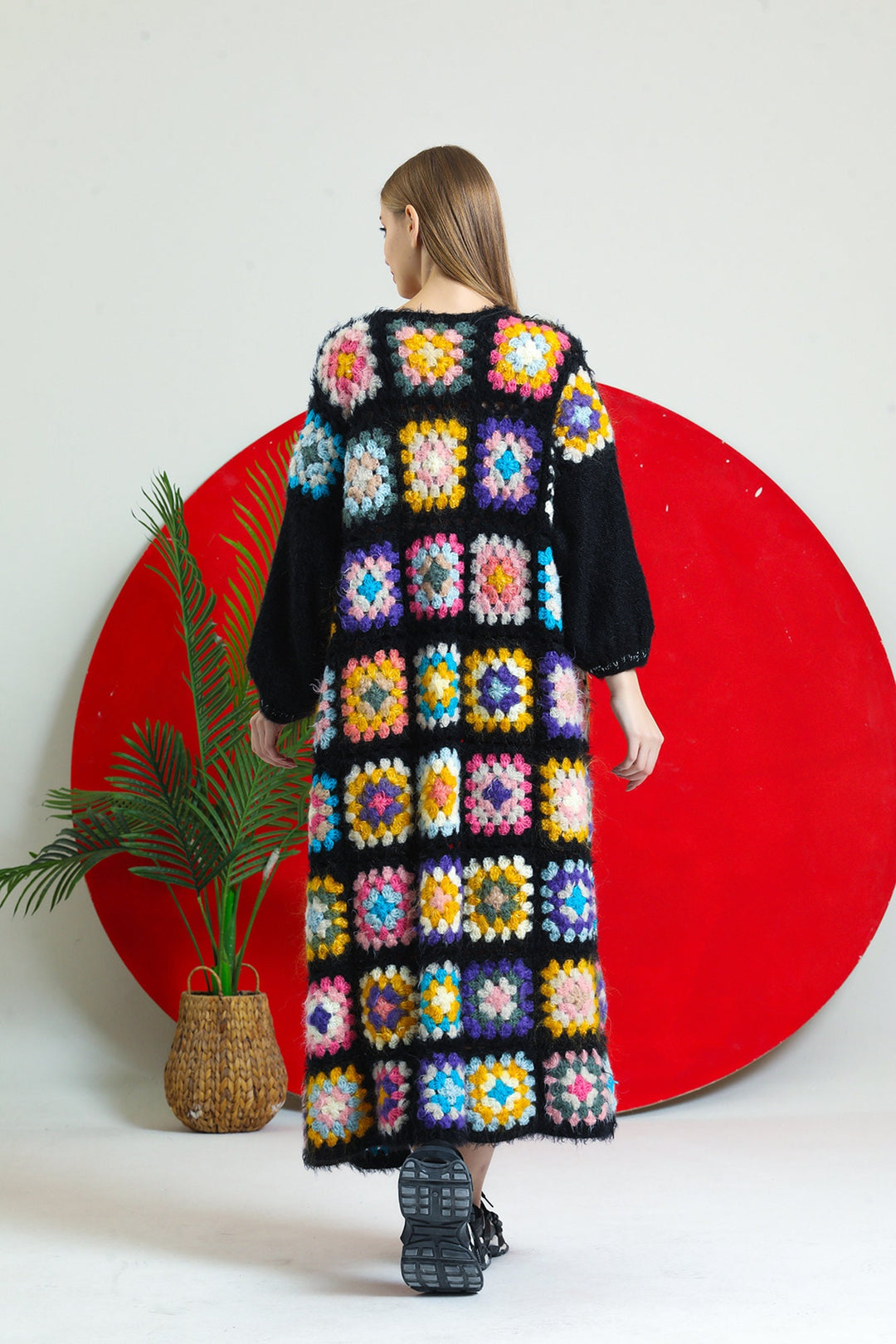 Granny Square Cardigan, Red Afghan Coat Women, Long Knitted Women Cardigan, Oversize Crochet Cardigan, Patchwork Cardigan