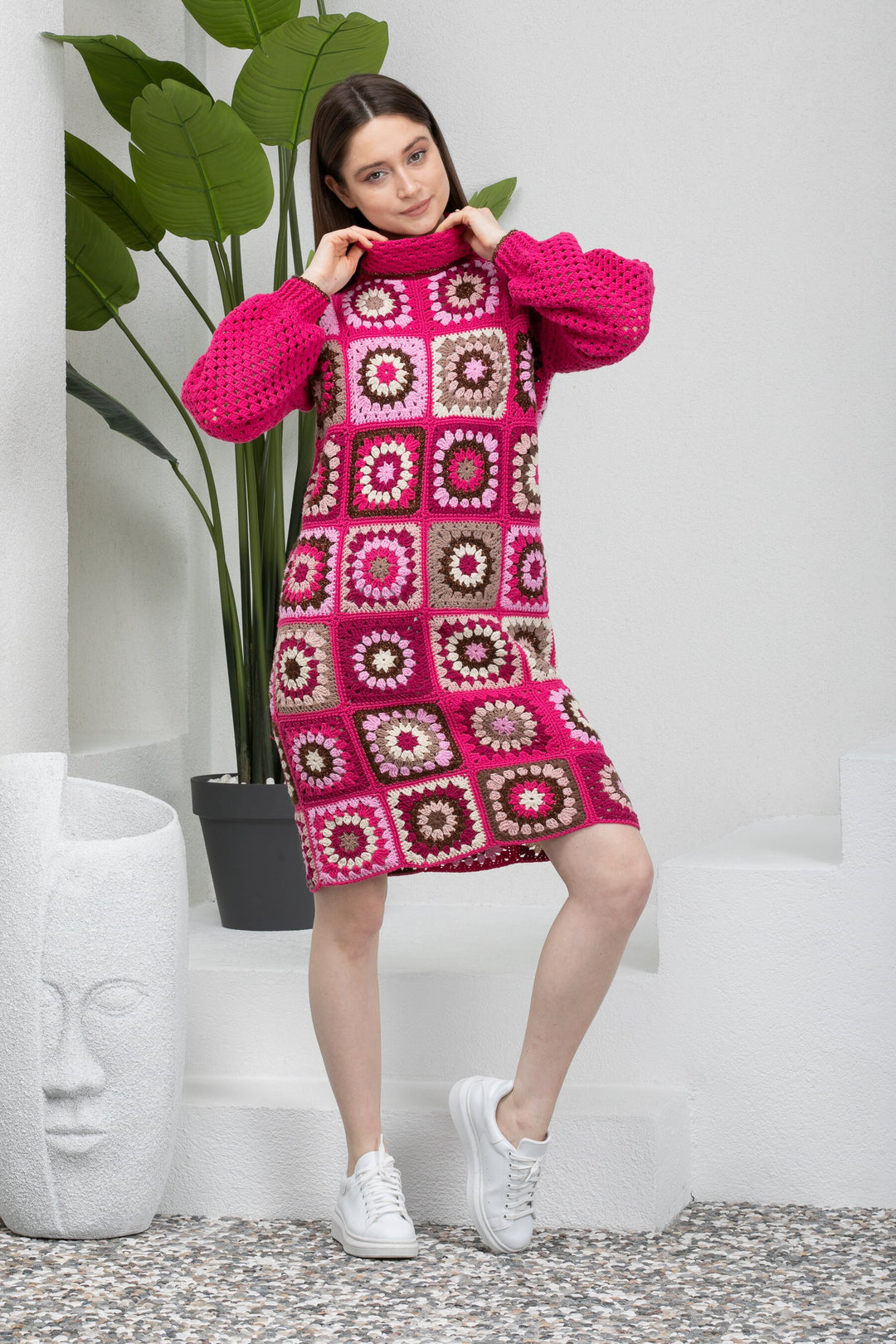 Ready to ship Pink Granny Square Patchwork Long Dress, Knitted Tank Dress Crochet, Turtleneck Knit Dress, Woman Knitted Clothes