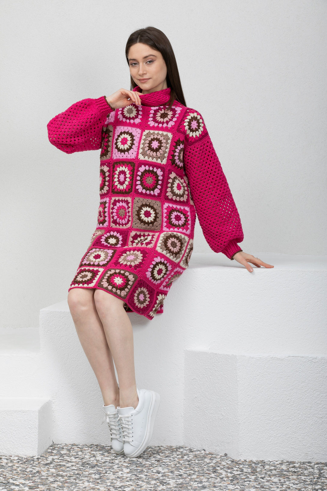 Pink Granny Square Patchwork Long Dress, Knitted Tank Dress Crochet, Turtleneck Knit Dress, Woman Knitted Clothes, Cotton Dresses