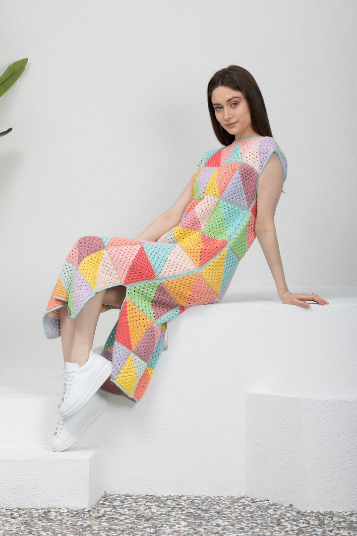 Colorful Patchwork Long Woman Dress, Knitted Tank Dress Crochet, Rainbow Knit Dress, Woman Knitted Clothes, Cotton Dresses