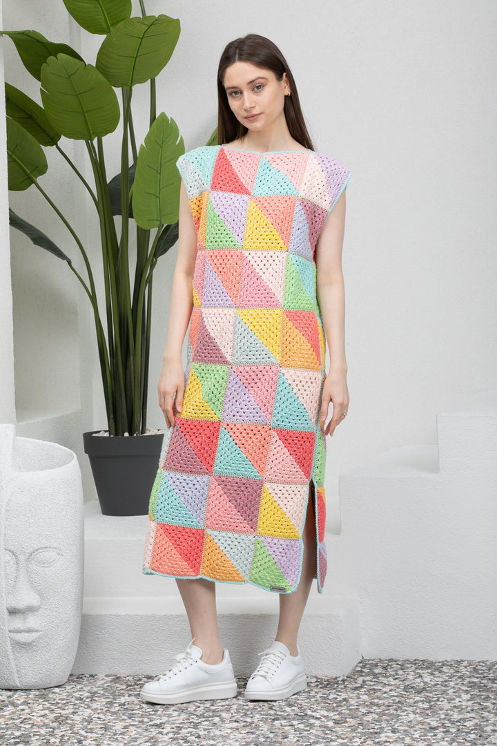 Colorful Patchwork Long Woman Dress, Knitted Tank Dress Crochet, Rainbow Knit Dress, Woman Knitted Clothes, Cotton Dresses