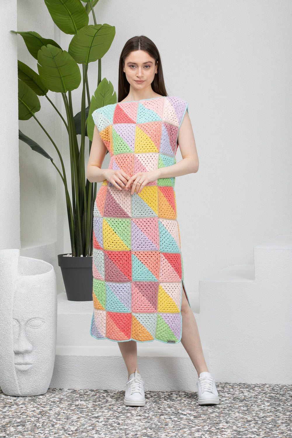 Colorful Patchwork Long Woman Dress, Knitted Tank Dress Crochet, Rainbow Knit Dress, Woman Knitted Clothes, Cotton Dresses