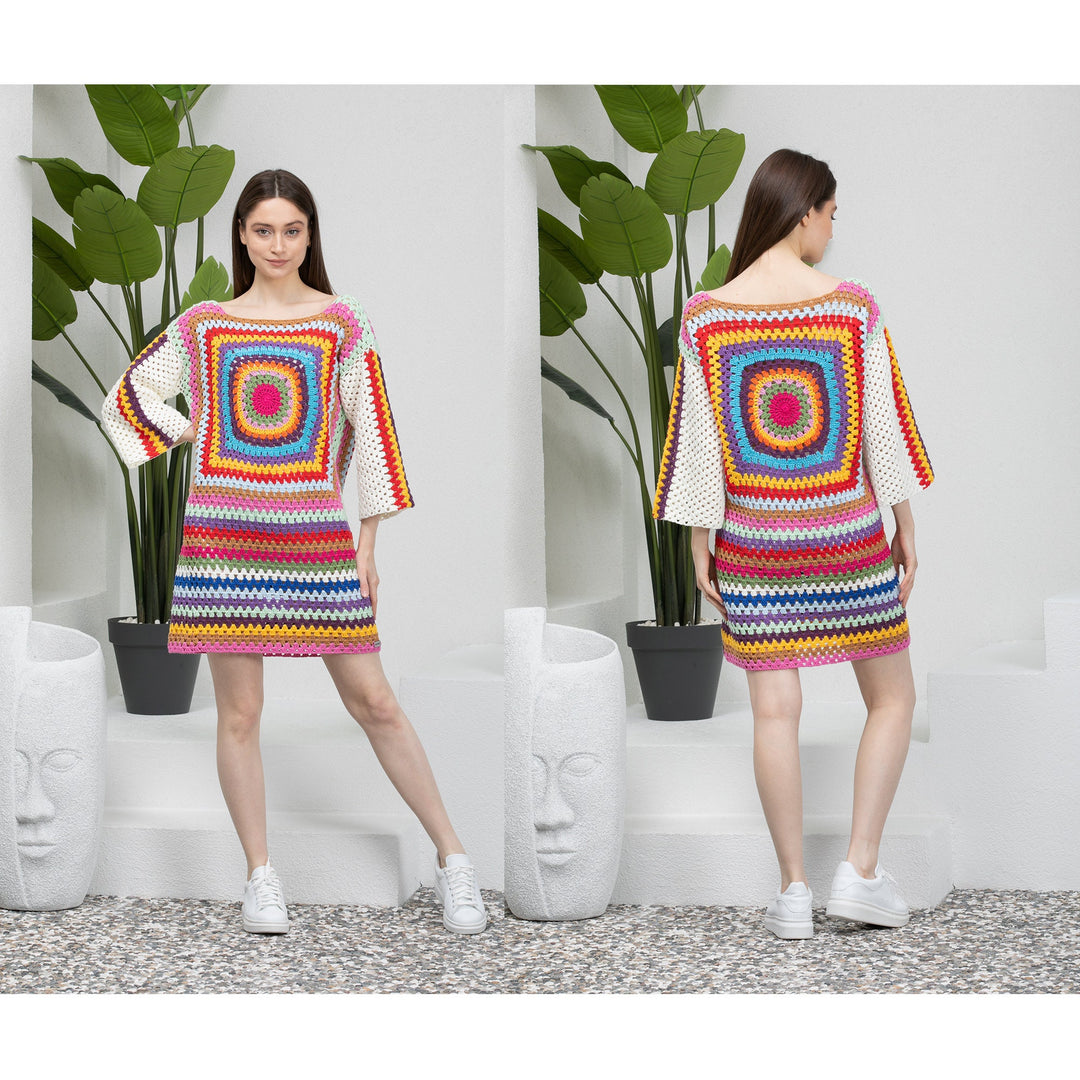 Crochet Patchwork Long Woman Dress, Colorful Knitted Tank Dress Crochet, Rainbow Knit Dress, Woman Knitted Clothes, Cotton Dresses