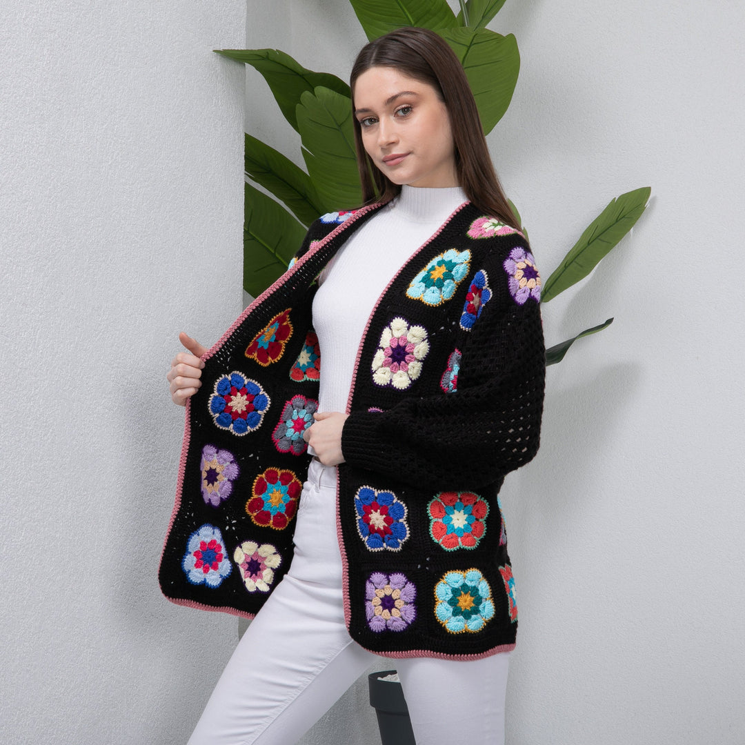 African Flowers Black Crochet Cardigan, Crochet Afghan Cardigan, Granny Square Colorful Jacket, Patchwork Jacket, Knitted Crochet Coat