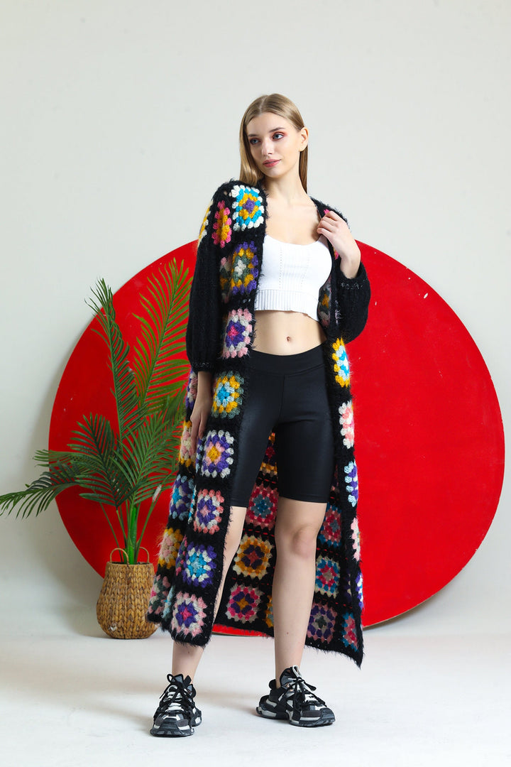 Granny Square Cardigan, Red Afghan Coat Women, Long Knitted Women Cardigan, Oversize Crochet Cardigan, Patchwork Cardigan