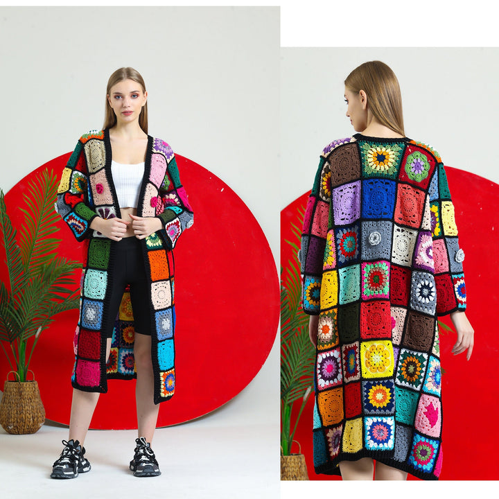 Flowers Patchwork Cardigan, Granny Square Afghan Cardigan, Knitted Crochet Coat, Festival Jacket, Boho Long Oversized Cardigan