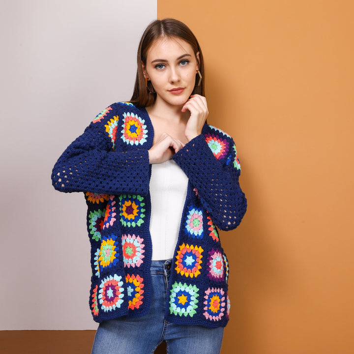 Ready to ship Blue Crochet Cardigan, Patchwork cardigan Women, Grannysquare Afghan cardigan, Knit jacket, crochet handmade, crochet coat