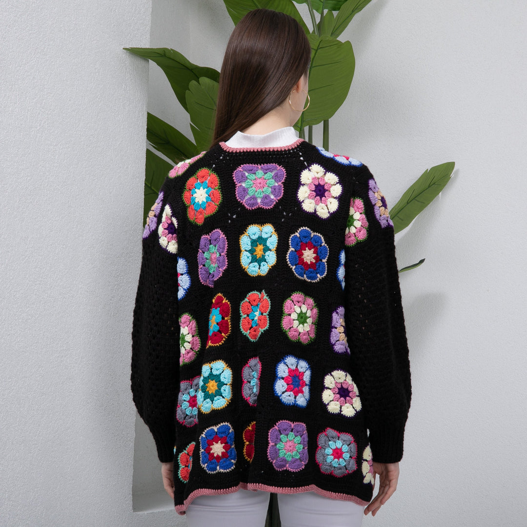 African Flowers Black Crochet Cardigan, Crochet Afghan Cardigan, Granny Square Colorful Jacket, Patchwork Jacket, Knitted Crochet Coat