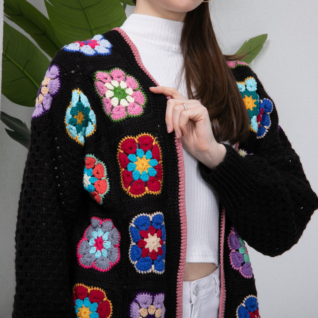 African Flowers Black Crochet Cardigan, Crochet Afghan Cardigan, Granny Square Colorful Jacket, Patchwork Jacket, Knitted Crochet Coat